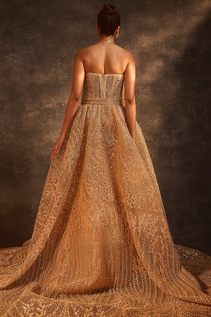 Golden Tulle Pearl Work Mermaid Bridal Gown With Trail by Rachit Khanna at Pernia's Pop Up Shop