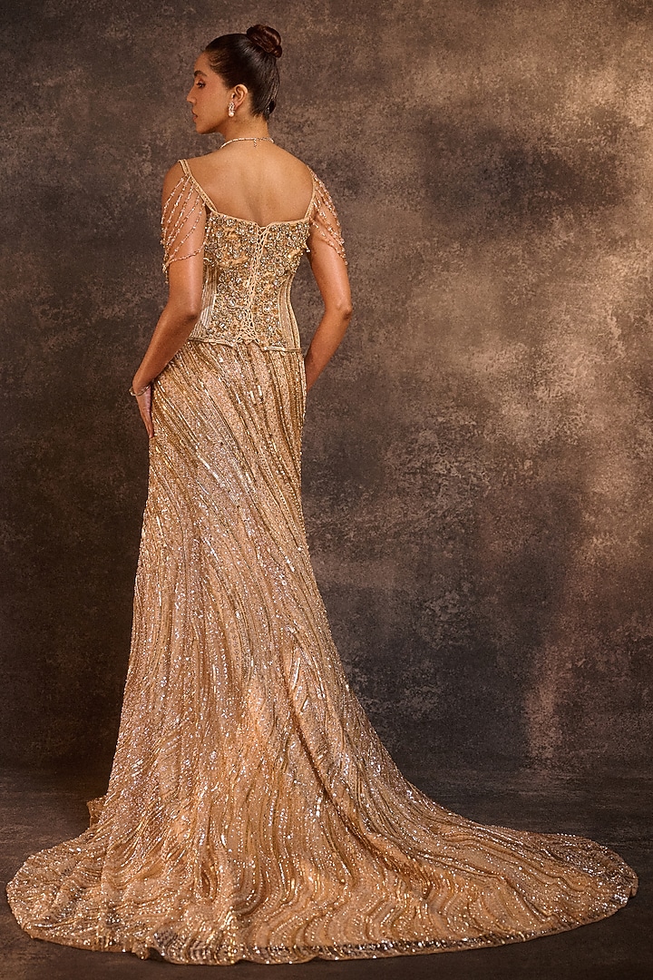 Golden Tulle & Satin Mermaid Skirt Set by Rachit Khanna at Pernia's Pop Up Shop