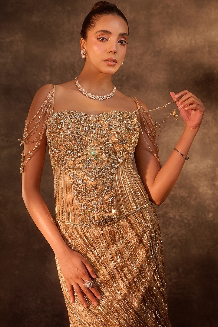 Golden Tulle & Satin Mermaid Skirt Set by Rachit Khanna at Pernia's Pop Up Shop