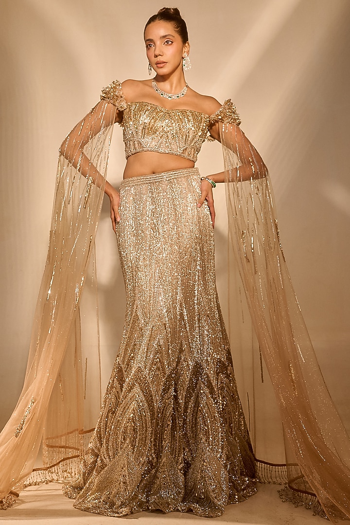 Golden Tulle & Satin Sequin Work Mermaid Bridal Lehenga Set by Rachit Khanna at Pernia's Pop Up Shop