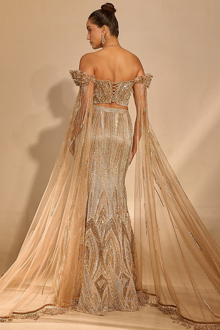 Golden Tulle & Satin Sequin Work Mermaid Bridal Lehenga Set by Rachit Khanna at Pernia's Pop Up Shop
