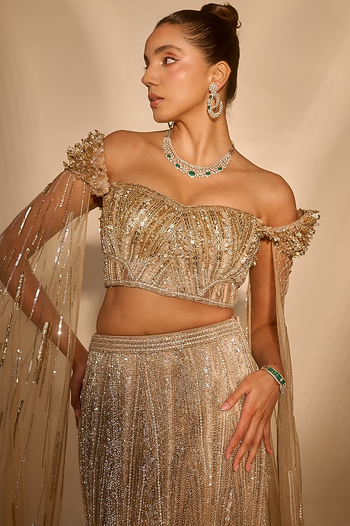 Golden Tulle & Satin Sequin Work Mermaid Bridal Lehenga Set by Rachit Khanna at Pernia's Pop Up Shop