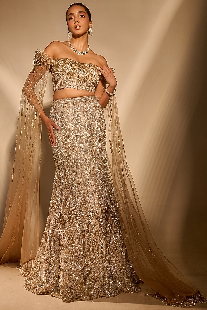 Golden Tulle & Satin Sequin Work Mermaid Bridal Lehenga Set by Rachit Khanna at Pernia's Pop Up Shop