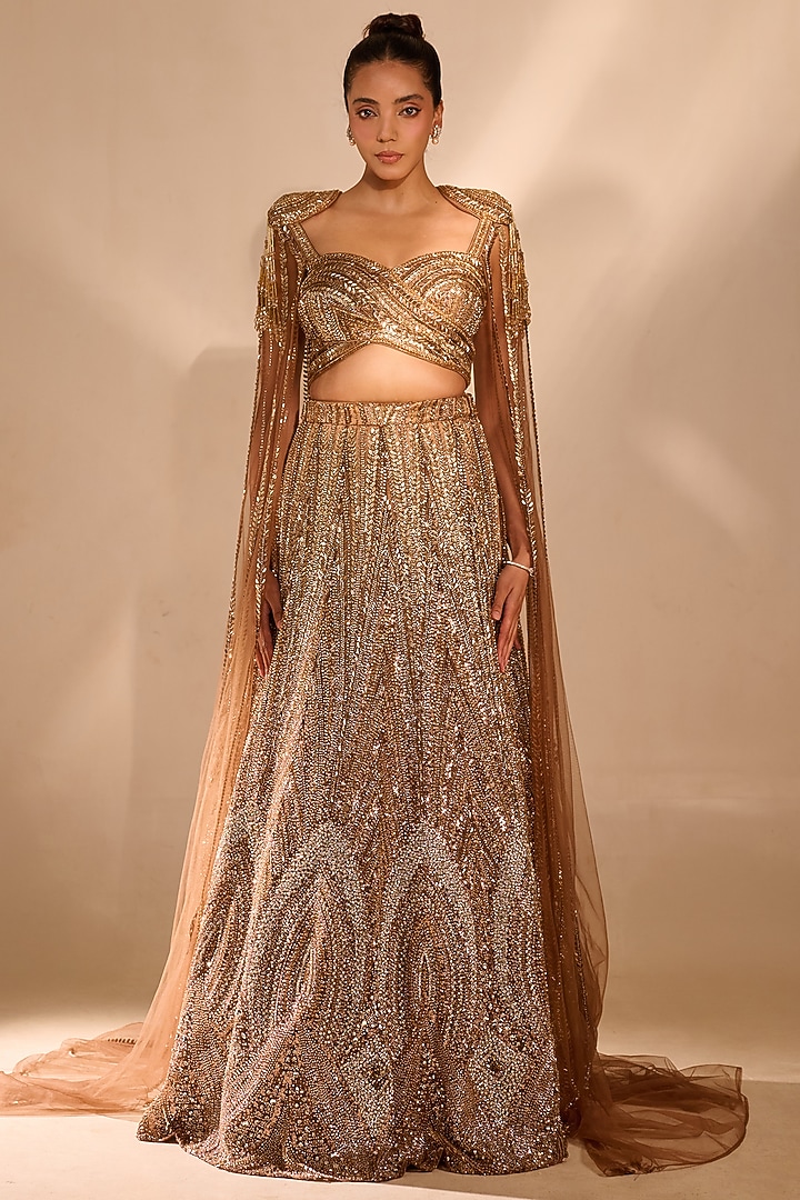 Bronze Gold Tulle Sequin Work A-Line Bridal Lehenga Set by Rachit Khanna at Pernia's Pop Up Shop