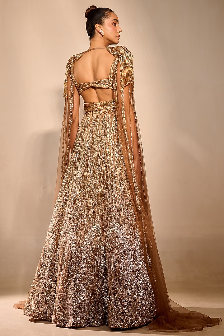 Bronze Gold Tulle Sequin Work A-Line Bridal Lehenga Set by Rachit Khanna at Pernia's Pop Up Shop