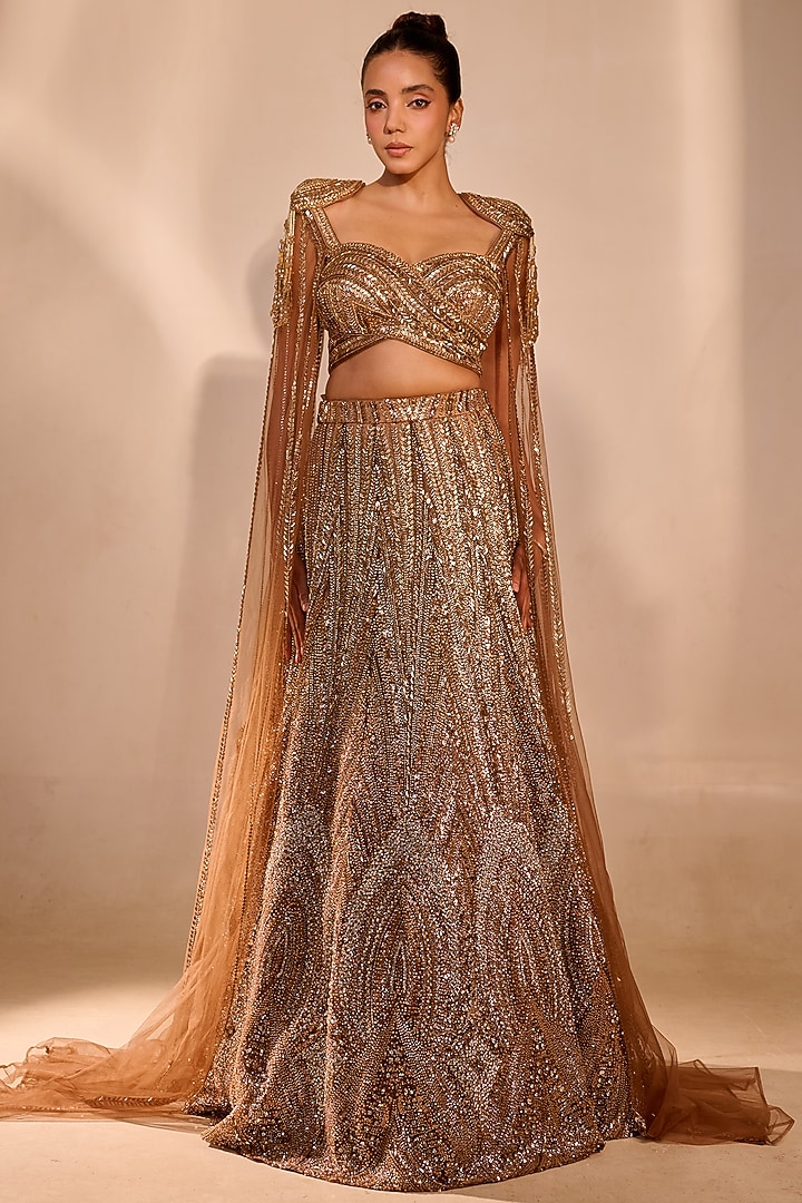 Bronze Gold Tulle Sequin Work A-Line Bridal Lehenga Set by Rachit Khanna at Pernia's Pop Up Shop