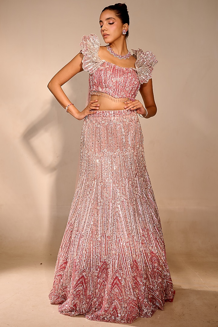 Pink Ombre Tulle Pearl Embellished Bridal Lehenga Set by Rachit Khanna at Pernia's Pop Up Shop