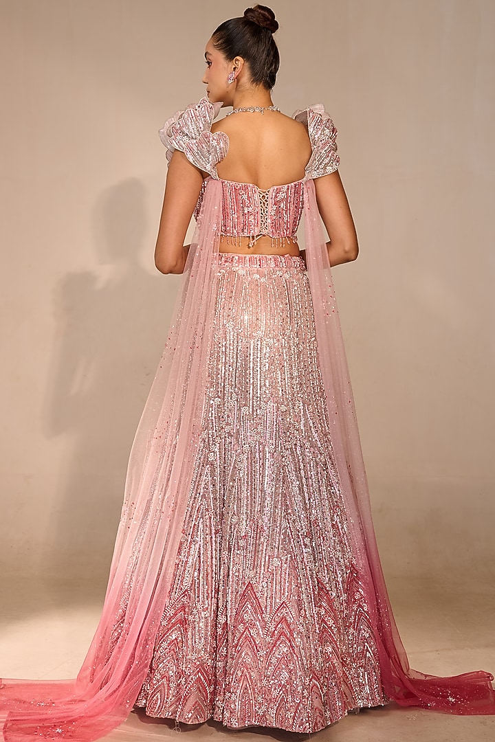Pink Ombre Tulle Pearl Embellished Bridal Lehenga Set by Rachit Khanna at Pernia's Pop Up Shop