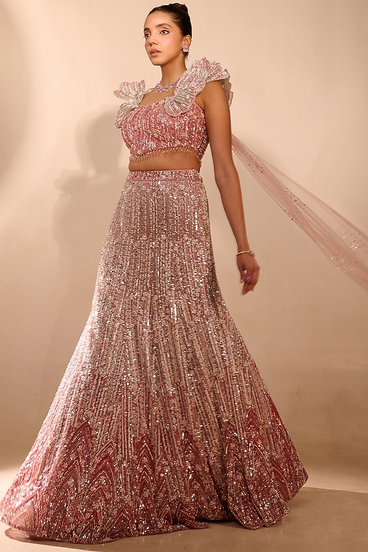 Pink Ombre Tulle Pearl Embellished Bridal Lehenga Set by Rachit Khanna at Pernia's Pop Up Shop