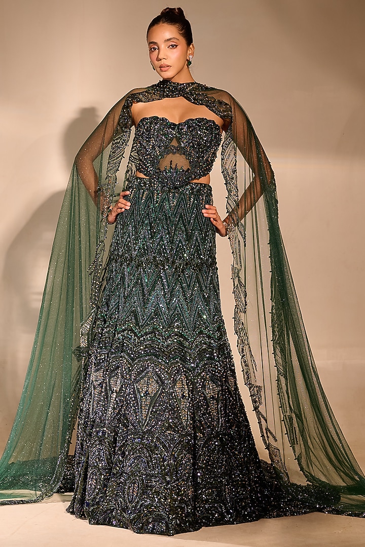 Emerald Green & Navy Tulle Crystal Embellished Mermaid Bridal Lehenga Set by Rachit Khanna at Pernia's Pop Up Shop