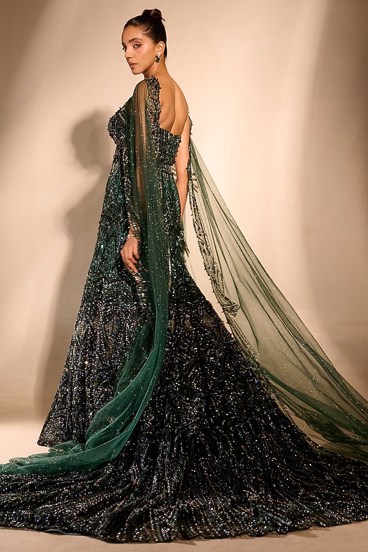 Emerald Green & Navy Tulle Crystal Embellished Mermaid Bridal Lehenga Set by Rachit Khanna at Pernia's Pop Up Shop