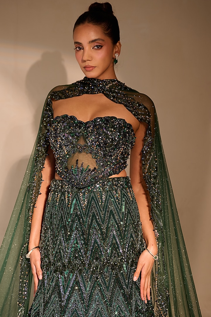 Emerald Green & Navy Tulle Crystal Embellished Mermaid Bridal Lehenga Set by Rachit Khanna at Pernia's Pop Up Shop