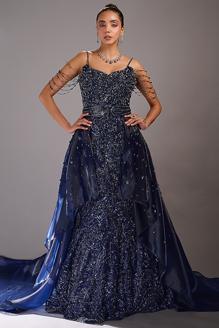 Navy Blue Tulle Thread Work Mermaid Bridal Gown by Rachit Khanna at Pernia's Pop Up Shop