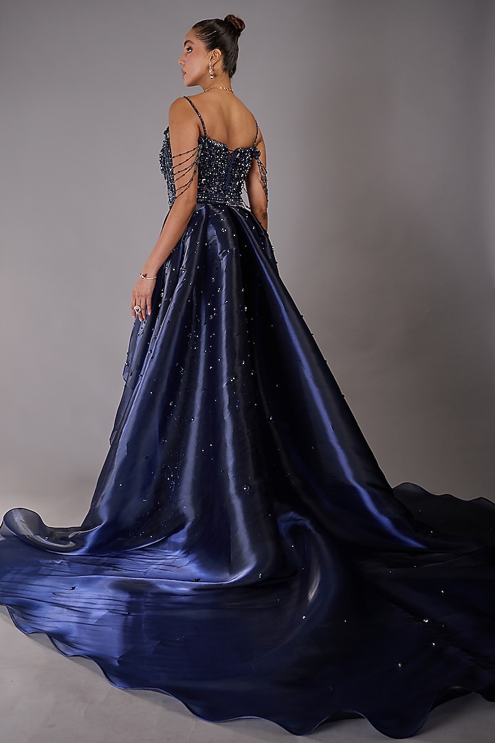 Navy Blue Tulle Thread Work Mermaid Bridal Gown by Rachit Khanna at Pernia's Pop Up Shop