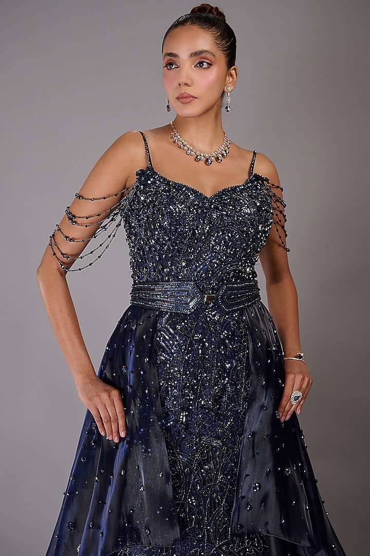 Navy Blue Tulle Thread Work Mermaid Bridal Gown by Rachit Khanna at Pernia's Pop Up Shop