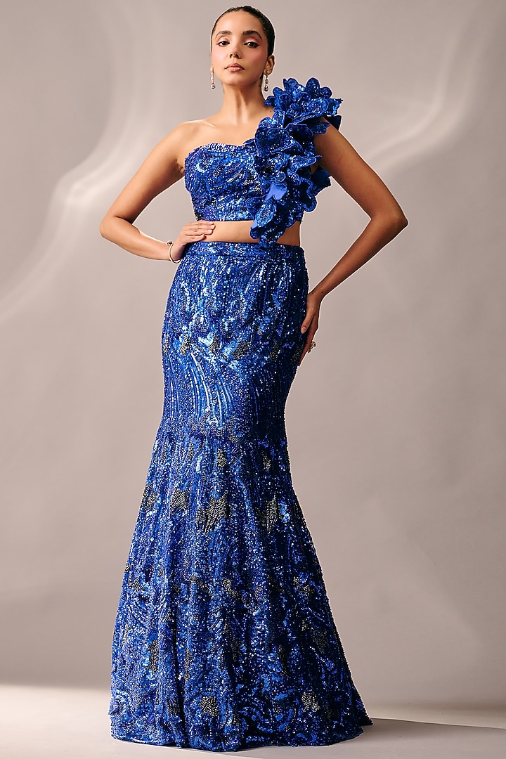 Electric Blue Satin 3D Sequin Embellished Mermaid Bridal Lehenga Set by Rachit Khanna at Pernia's Pop Up Shop