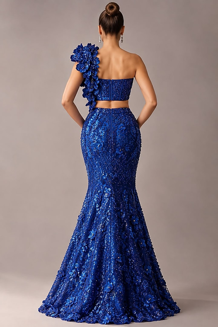 Electric Blue Satin 3D Sequin Embellished Mermaid Bridal Lehenga Set by Rachit Khanna at Pernia's Pop Up Shop