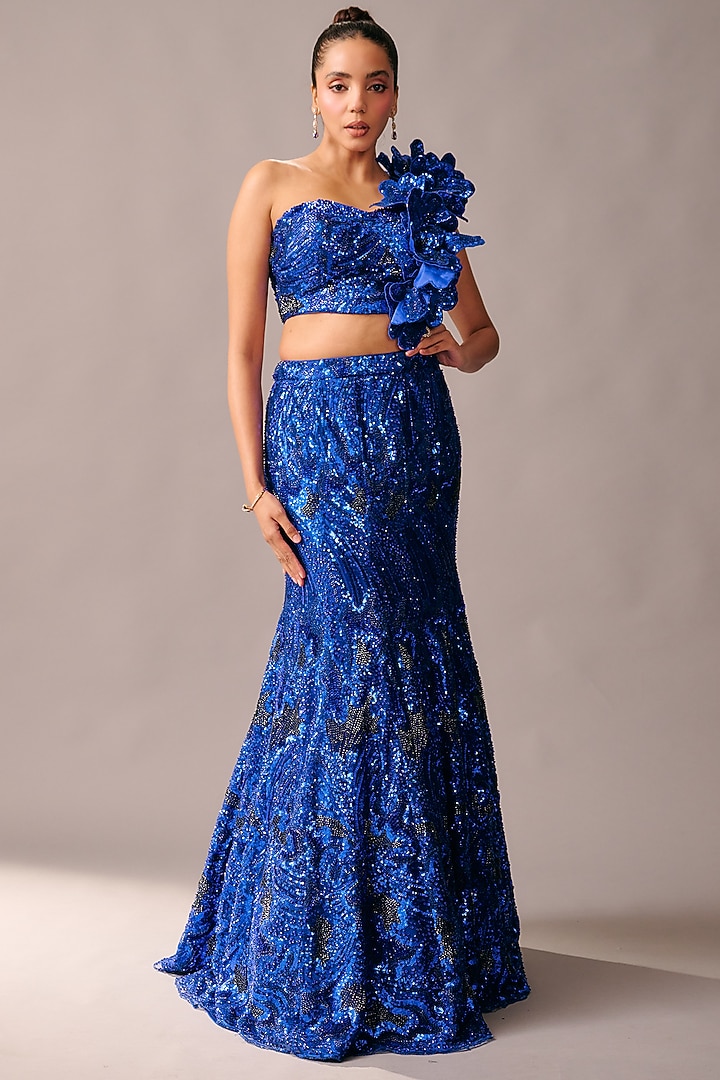 Electric Blue Satin 3D Sequin Embellished Mermaid Bridal Lehenga Set by Rachit Khanna at Pernia's Pop Up Shop