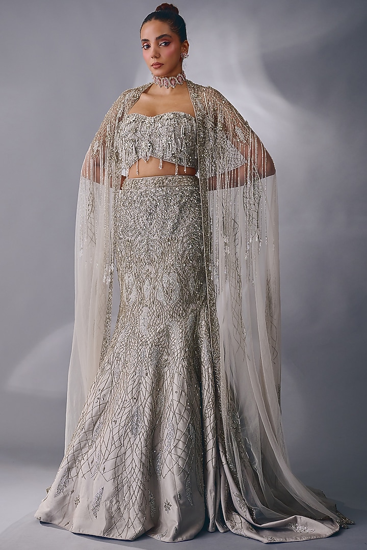 Silver Tulle Cutdana Embellished Mermaid Bridal Lehenga Set by Rachit Khanna at Pernia's Pop Up Shop