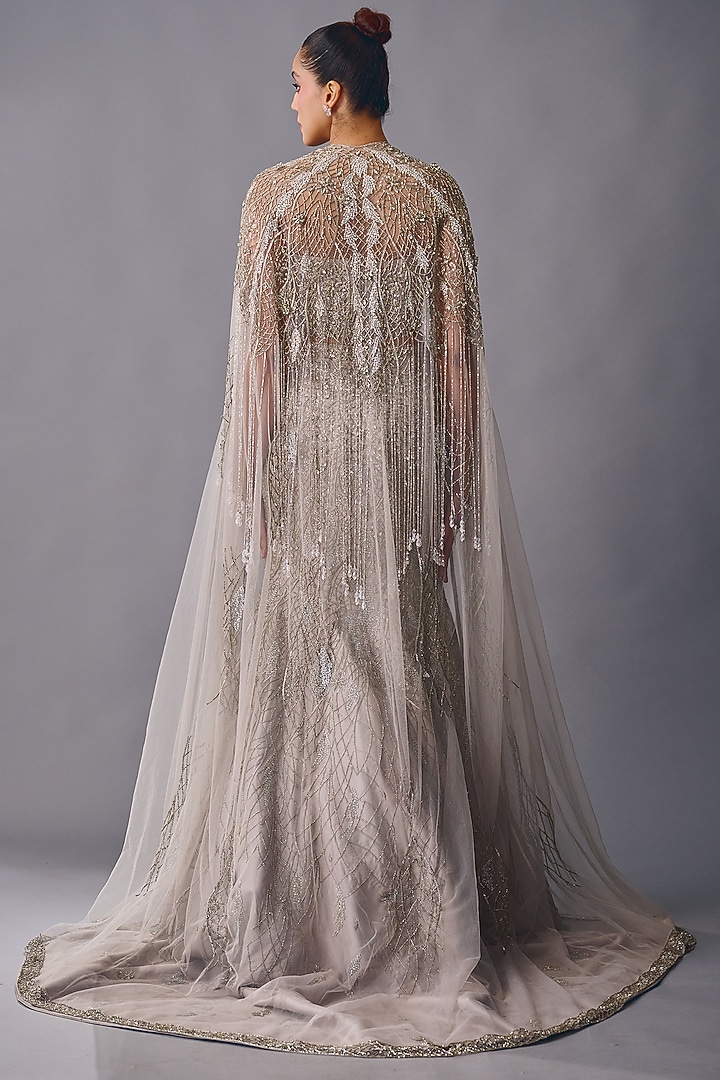 Silver Tulle Cutdana Embellished Mermaid Bridal Lehenga Set by Rachit Khanna at Pernia's Pop Up Shop