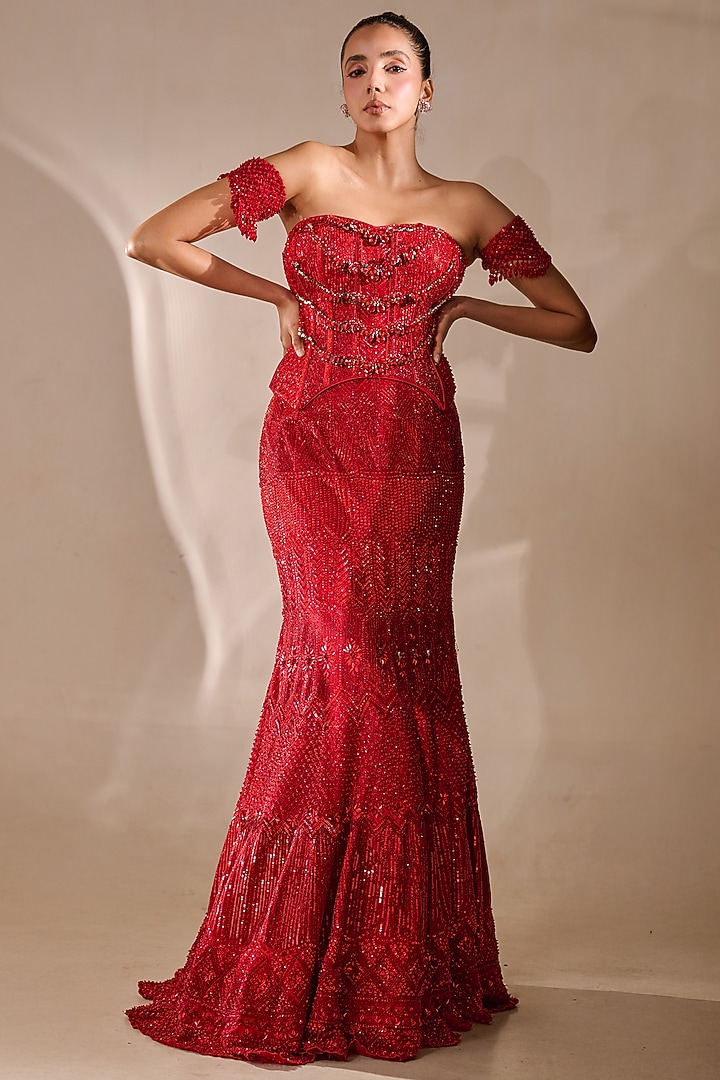 Deep Red Tulle Cutdana Embellished Mermaid Bridal Lehenga Set by Rachit Khanna at Pernia's Pop Up Shop
