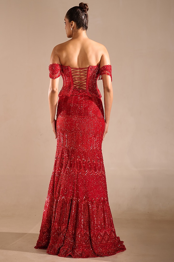 Deep Red Tulle Cutdana Embellished Mermaid Bridal Lehenga Set by Rachit Khanna at Pernia's Pop Up Shop