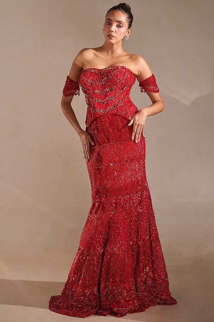 Deep Red Tulle Cutdana Embellished Mermaid Bridal Lehenga Set by Rachit Khanna at Pernia's Pop Up Shop