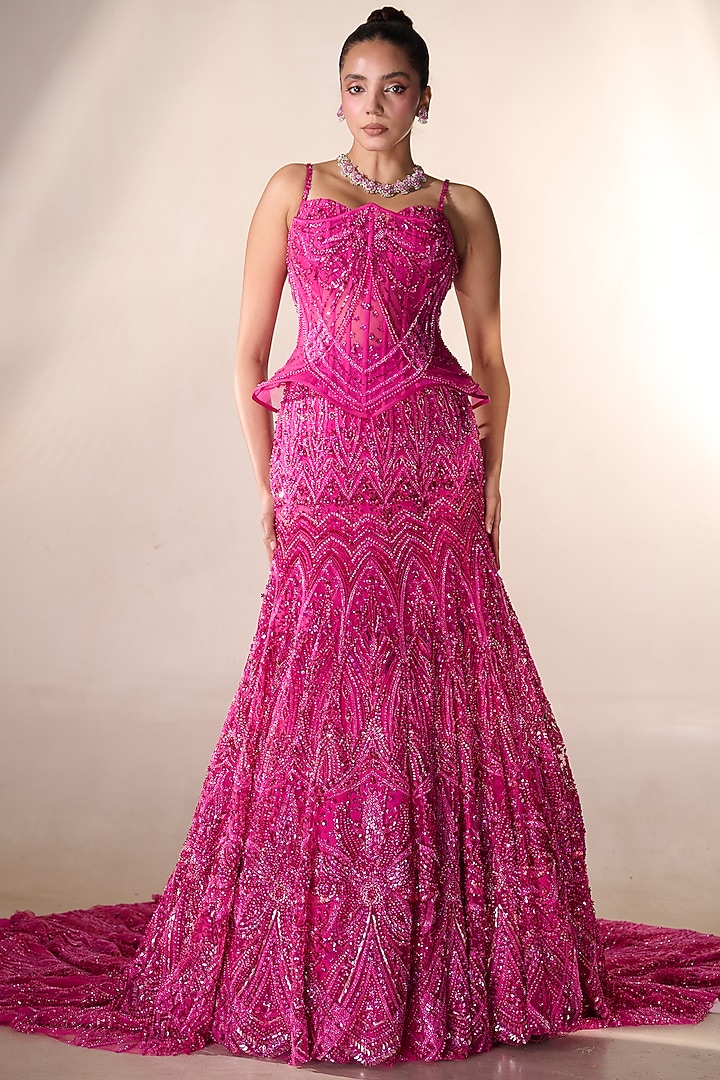 Hot Pink Tulle Sequin Embellished A-Line Bridal Lehenga Set by Rachit Khanna at Pernia's Pop Up Shop
