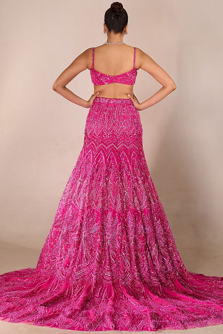 Hot Pink Tulle Sequin Embellished A-Line Bridal Lehenga Set by Rachit Khanna at Pernia's Pop Up Shop
