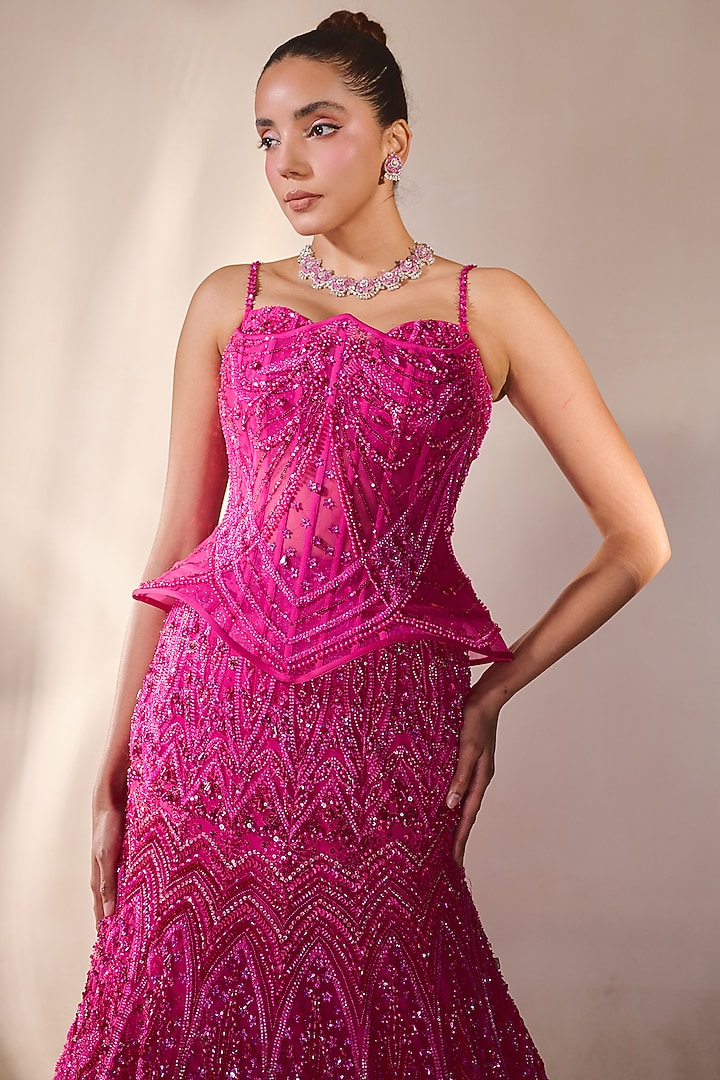 Hot Pink Tulle Sequin Embellished A-Line Bridal Lehenga Set by Rachit Khanna at Pernia's Pop Up Shop