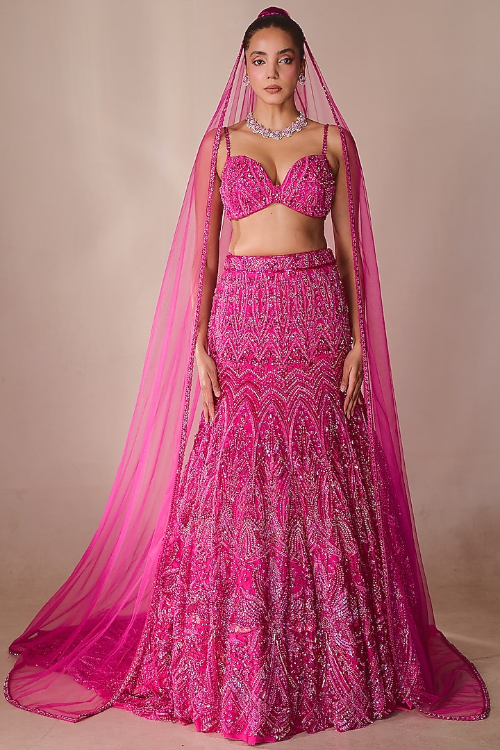Hot Pink Tulle Sequin Embellished A-Line Bridal Lehenga Set by Rachit Khanna at Pernia's Pop Up Shop