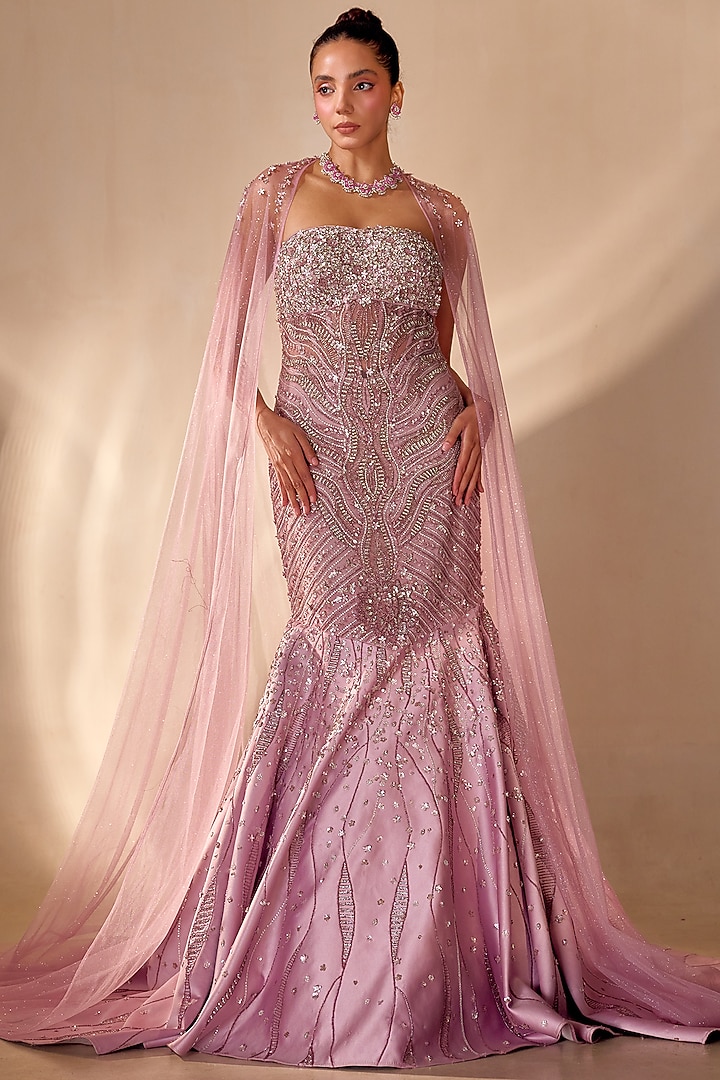 Lavender Tulle 3D Sequin Embellished Bridal Gown With Cape by Rachit Khanna at Pernia's Pop Up Shop