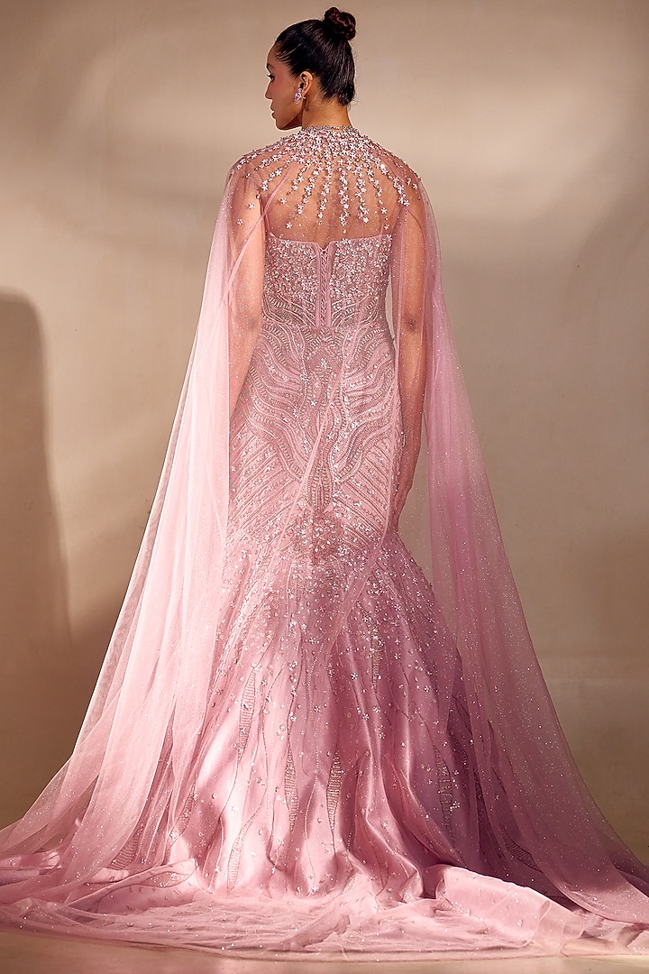 Lavender Tulle 3D Sequin Embellished Bridal Gown With Cape by Rachit Khanna at Pernia's Pop Up Shop