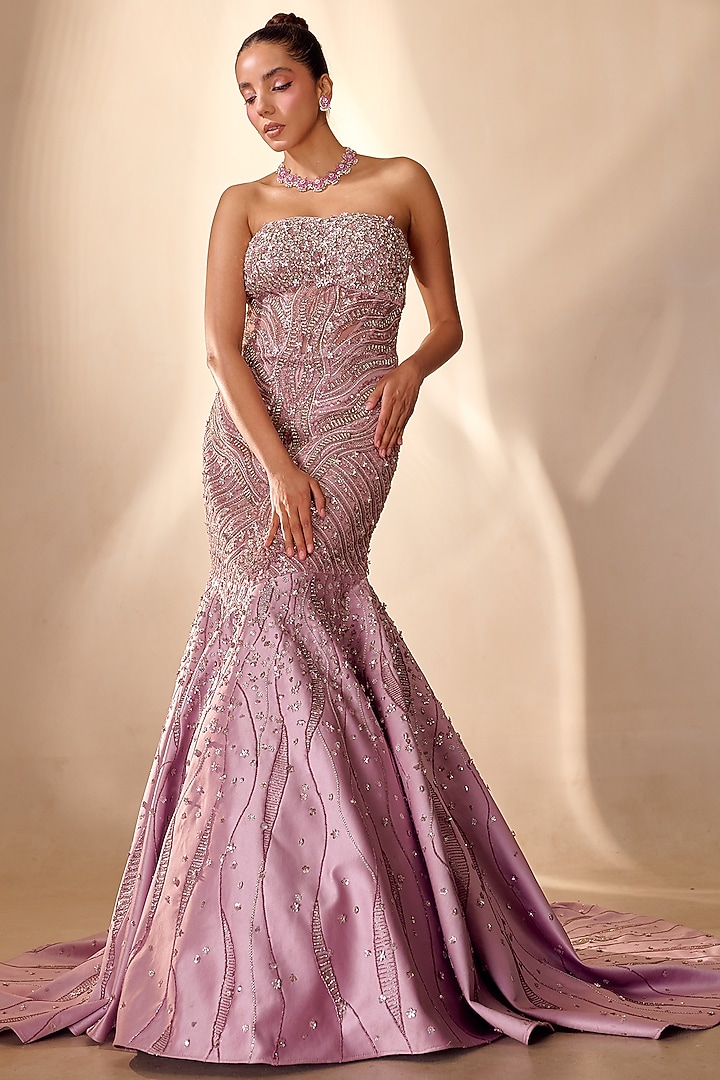 Lavender Tulle 3D Sequin Embellished Bridal Gown With Cape by Rachit Khanna at Pernia's Pop Up Shop