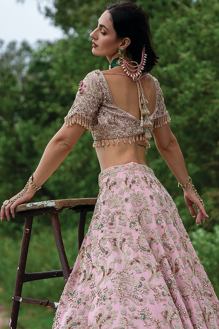 Peach Pink Tulle Zardosi Embellished Bridal Lehenga Set by Rachit Khanna at Pernia's Pop Up Shop