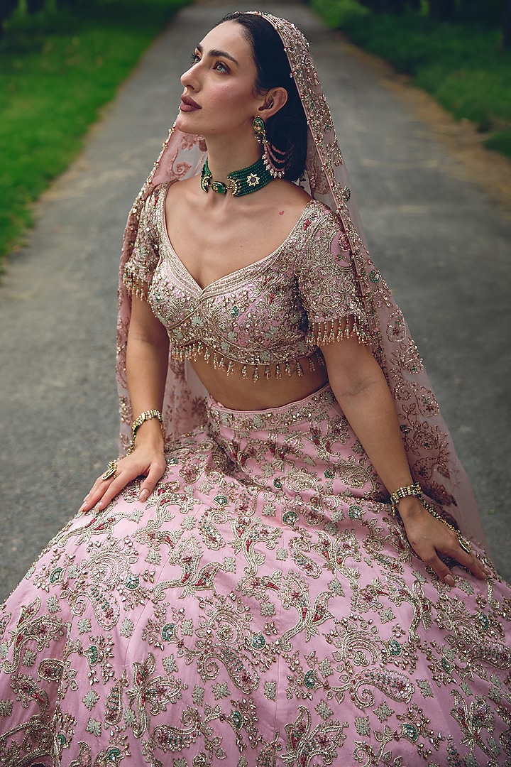 Peach Pink Tulle Zardosi Embellished Bridal Lehenga Set by Rachit Khanna at Pernia's Pop Up Shop