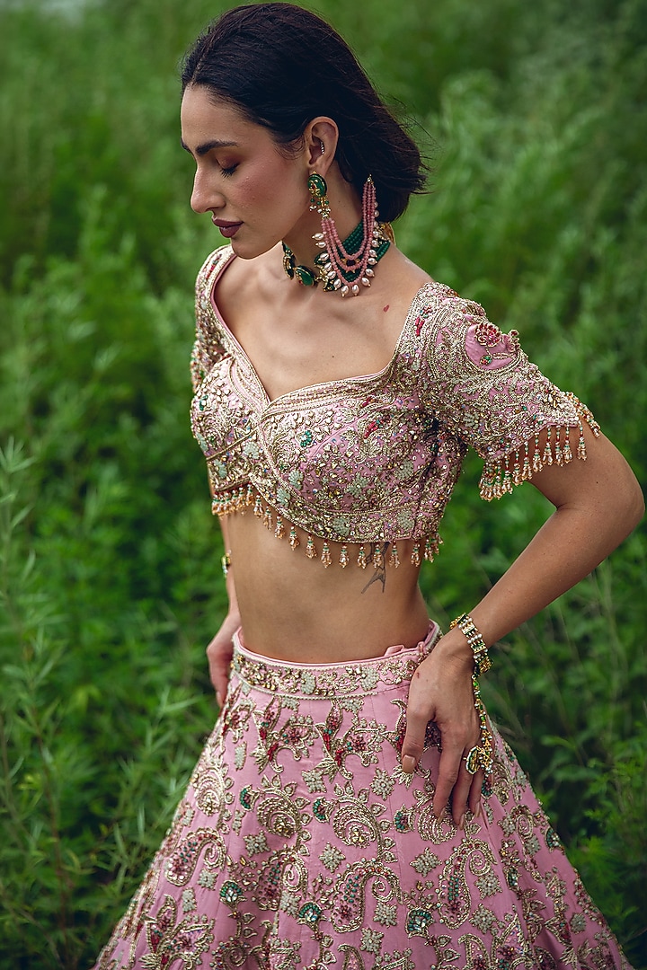 Peach Pink Tulle Zardosi Embellished Bridal Lehenga Set by Rachit Khanna at Pernia's Pop Up Shop