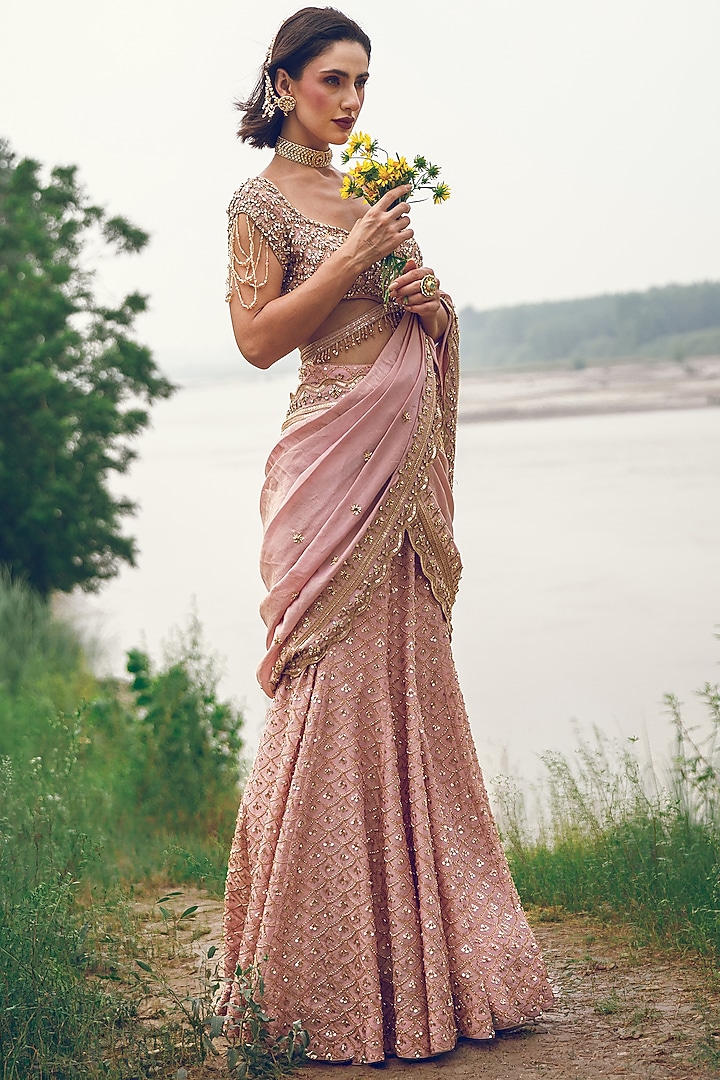 Peachy Pink Crepe Tissue Sequin Embellished Reception Lehenga Saree Set by Rachit Khanna at Pernia's Pop Up Shop