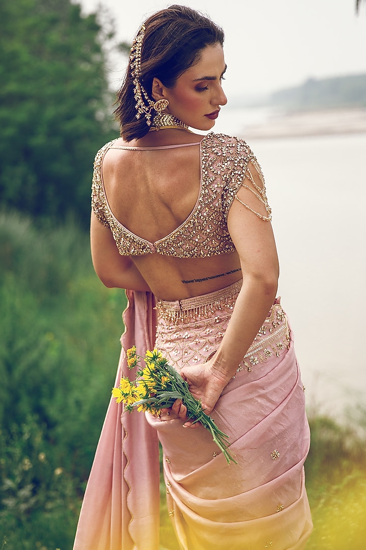 Peachy Pink Crepe Tissue Sequin Embellished Reception Lehenga Saree Set by Rachit Khanna at Pernia's Pop Up Shop