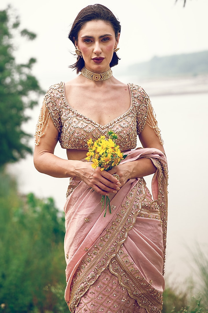 Peachy Pink Crepe Tissue Sequin Embellished Reception Lehenga Saree Set by Rachit Khanna at Pernia's Pop Up Shop