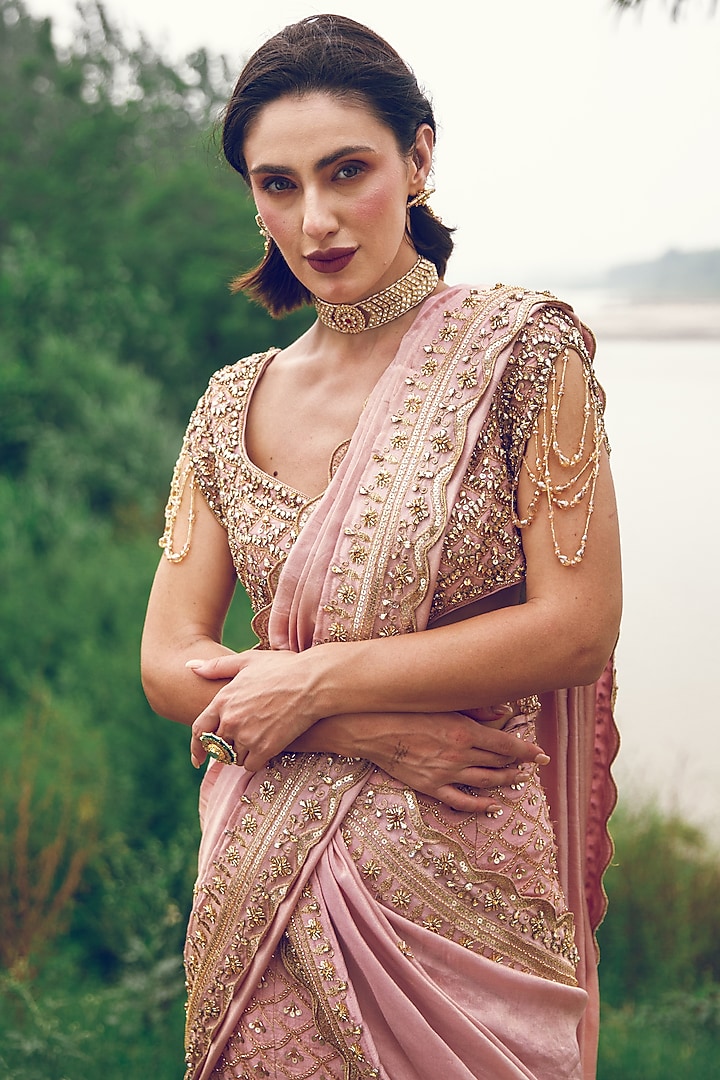 Peachy Pink Crepe Tissue Sequin Embellished Reception Lehenga Saree Set by Rachit Khanna at Pernia's Pop Up Shop