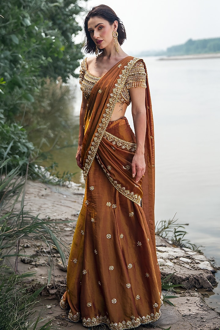 Rust Brown Crepe Tissue Sequin Embellished Reception Lehenga Saree Set by Rachit Khanna at Pernia's Pop Up Shop