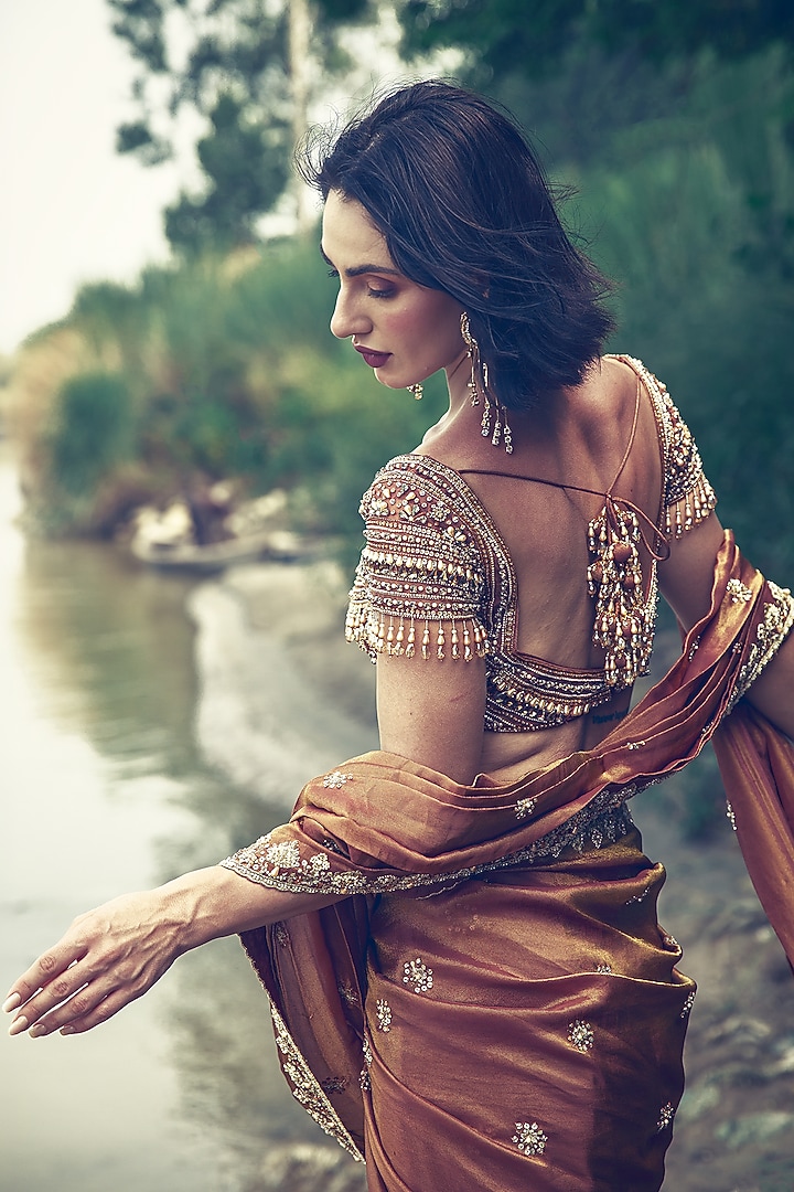 Rust Brown Crepe Tissue Sequin Embellished Reception Lehenga Saree Set by Rachit Khanna at Pernia's Pop Up Shop