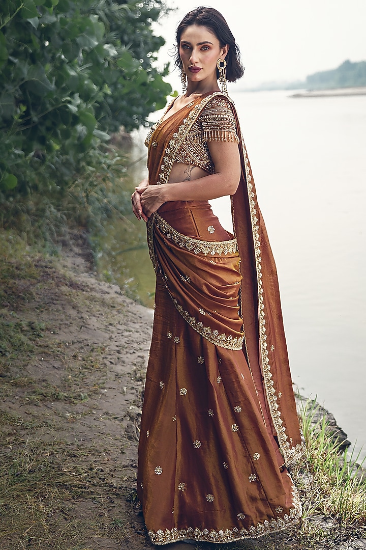 Rust Brown Crepe Tissue Sequin Embellished Reception Lehenga Saree Set by Rachit Khanna at Pernia's Pop Up Shop