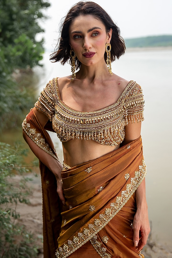 Rust Brown Crepe Tissue Sequin Embellished Reception Lehenga Saree Set by Rachit Khanna at Pernia's Pop Up Shop