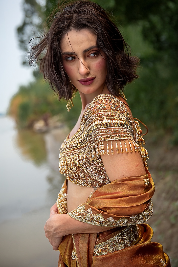 Rust Brown Crepe Tissue Sequin Embellished Reception Lehenga Saree Set by Rachit Khanna at Pernia's Pop Up Shop