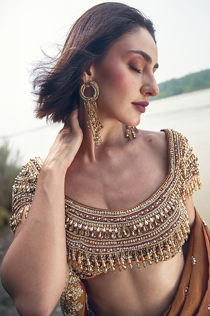 Rust Brown Crepe Tissue Sequin Embellished Reception Lehenga Saree Set by Rachit Khanna at Pernia's Pop Up Shop