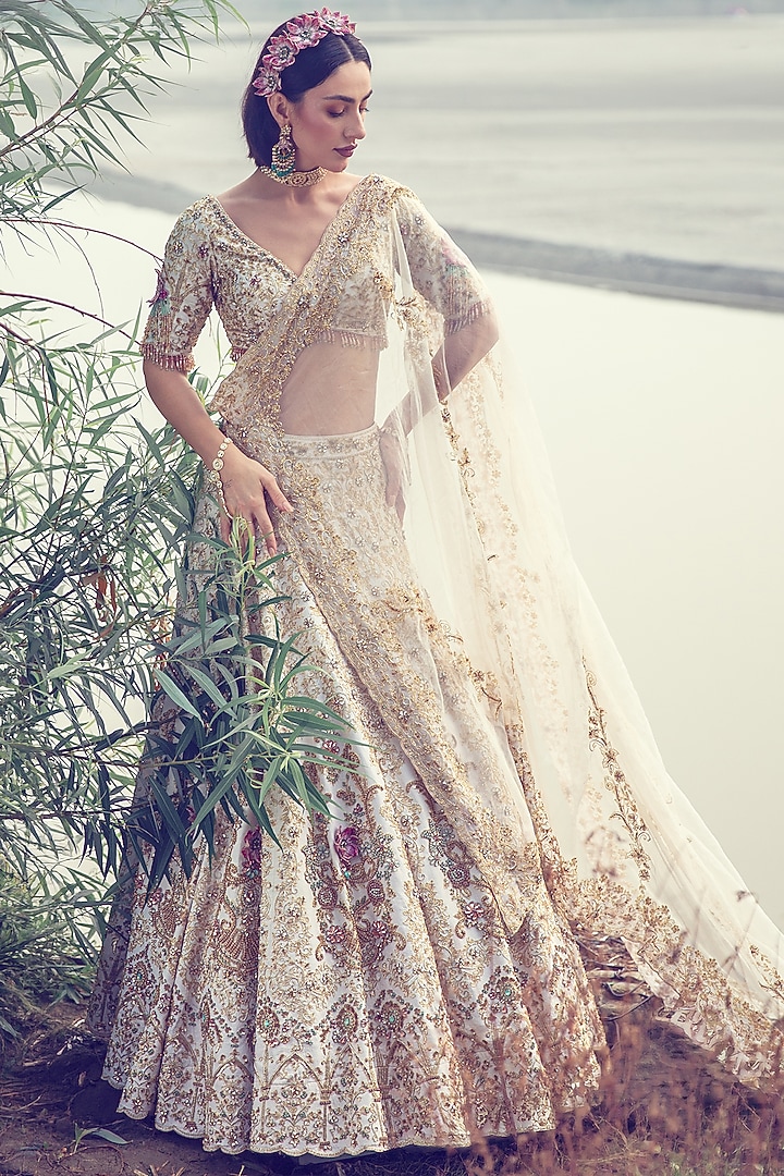 Ivory Dupion Silk Zardosi Embellished Bridal Lehenga Set by Rachit Khanna at Pernia's Pop Up Shop