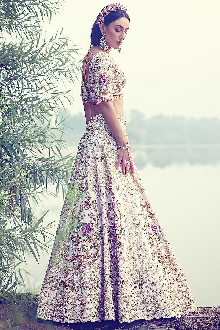 Ivory Dupion Silk Zardosi Embellished Bridal Lehenga Set by Rachit Khanna at Pernia's Pop Up Shop