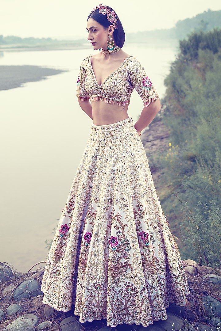 Ivory Dupion Silk Zardosi Embellished Bridal Lehenga Set by Rachit Khanna at Pernia's Pop Up Shop